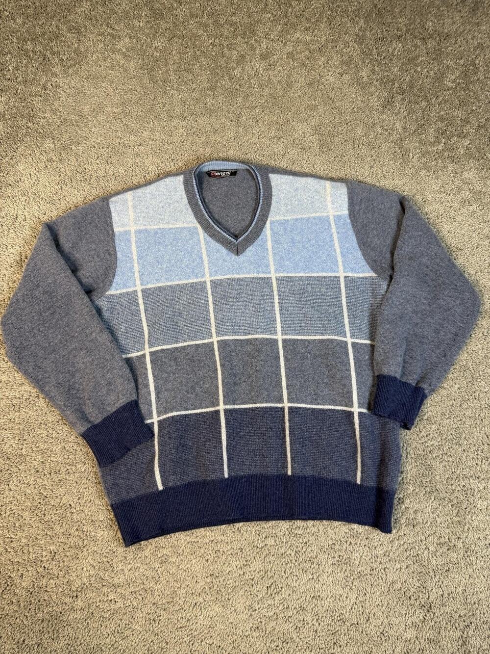 Genedi Sweater Mens XL Blue V-Neck Checked Pullover Wool Acrylic Italy